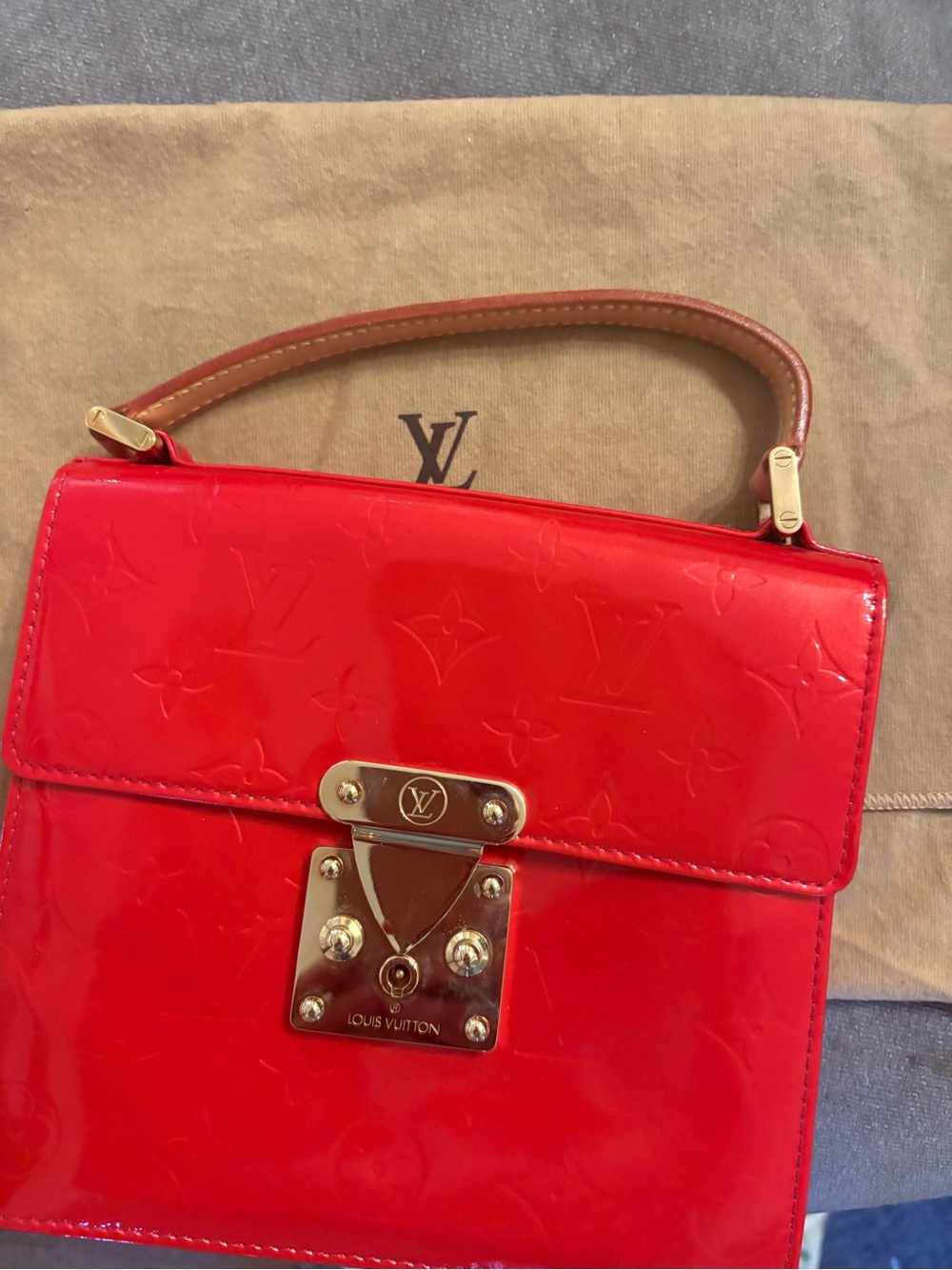 Louis Vuitton Red Vernis Patent Satchel with Gold Hardware and Brown Handle